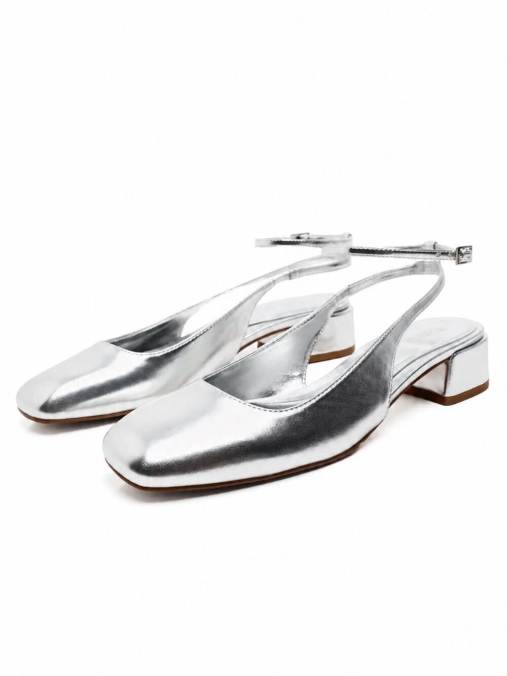 Zara Block Heel Ballerina Square Toe Slingback Heels Silver Size 40/9-9.5 - Picture 2 of 16